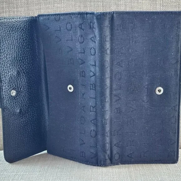 BVLGARI Clutch Long Wallet Card Holder Black Leather/Canvas Bag Purse Made Italy - Picture 5 of 14